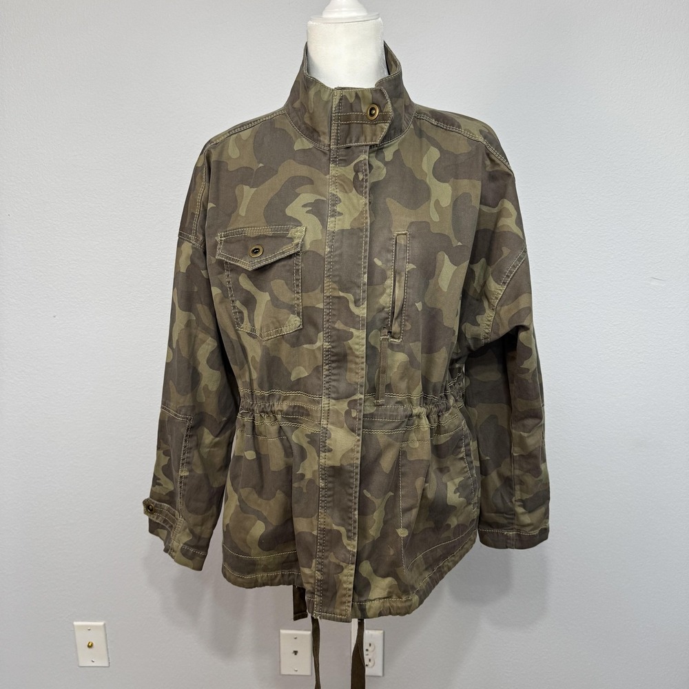 Marrakech Jacket Women's Large Green Camo Utility Anorak Zip Snap Stand Collar